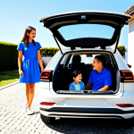 A Portuguese family, including parents and two children, stands cheerfully beside a Volkswagen ID.4, parked in front of a modern, sunlit suburban home in Portugal. The family is fully clothed in modest, appropriate attire, professional casual dress, and they are seen loading luggage into the spacious trunk, depicting comfort and practicality. The scene emphasizes a family-friendly atmosphere. Professional photography, high quality, perfect anatomy, correct proportions, natural pose, well-formed hands, proper finger count, natural body proportions, safe for work, appropriate content, fully clothed, family-friendly.