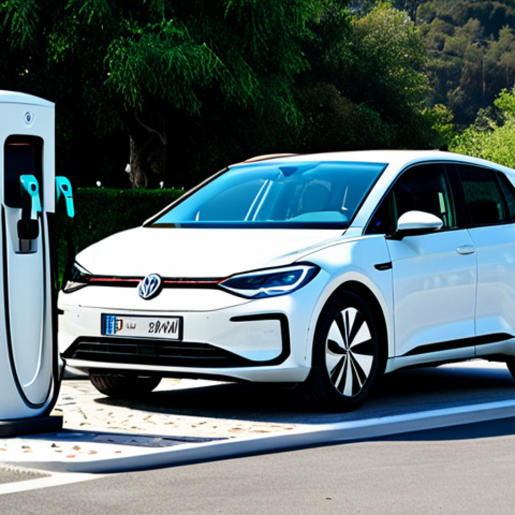 **Prompt:** "A family-friendly scene of a fully clothed Volkswagen ID.3 parked at a modern charging station in Portugal, surrounded by lush green trees, appropriate content, safe for work, professional photography, perfect anatomy, natural proportions, bright sunny day, modest attire."
