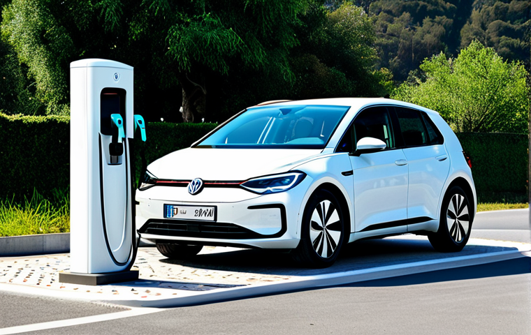 **Prompt:** "A family-friendly scene of a fully clothed Volkswagen ID.3 parked at a modern charging station in Portugal, surrounded by lush green trees, appropriate content, safe for work, professional photography, perfect anatomy, natural proportions, bright sunny day, modest attire."
