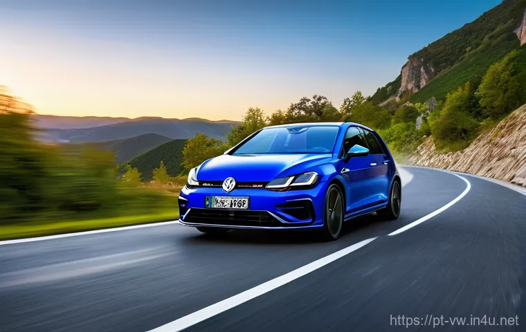 폭스바겐 골프 R의 주행 성능 리뷰 - **Prompt 1: Dynamic Mountain Drive**
"A sleek 2025 Volkswagen Golf R, in a vibrant Lapiz Blue me...