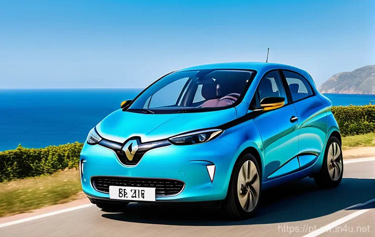 폭스바겐 ID 3와 르노 조에 비교 - The car, in a striking Makena Turquoise Metallic Blue, is parked at a Portuguese coastal viewpoint o...