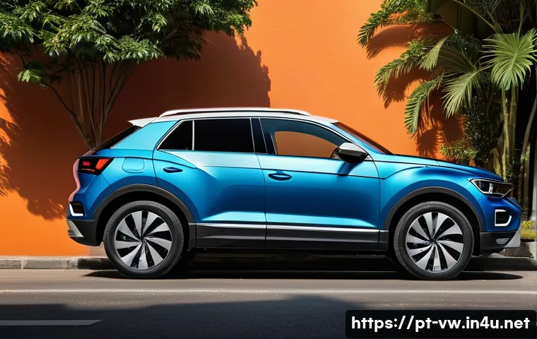 폭스바겐 티록의 최신 고객 후기 - A sleek Volkswagen T-Roc SUV parked on a vibrant urban street in São Paulo, Brazil, showcasing its m...
