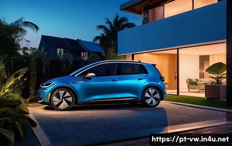 폭스바겐 ID 3의 충전 비용 절감 팁 - A modern Brazilian suburban home at night with a Volkswagen ID.3 electric car parked in the driveway...