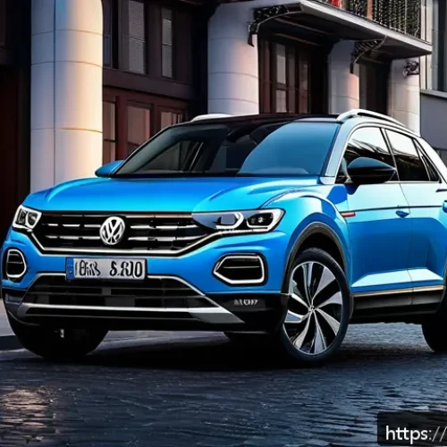 Home 17 폭스바겐 티록과 쉐보레 트레일블레이저 비교 - A sleek urban scene showcasing a modern Volkswagen T-Roc SUV parked on a city street at dusk, featur...
