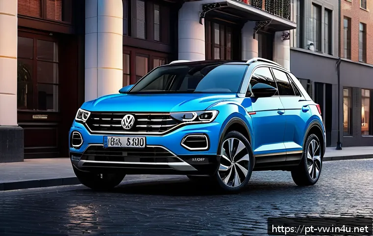 폭스바겐 티록과 쉐보레 트레일블레이저 비교 - A sleek urban scene showcasing a modern Volkswagen T-Roc SUV parked on a city street at dusk, featur...