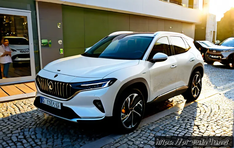 폭스바겐 티록 하이브리드의 출시 소식 - Photorealistic compact hybrid SUV resembling a modern European crossover, parked outside a sleek Por...